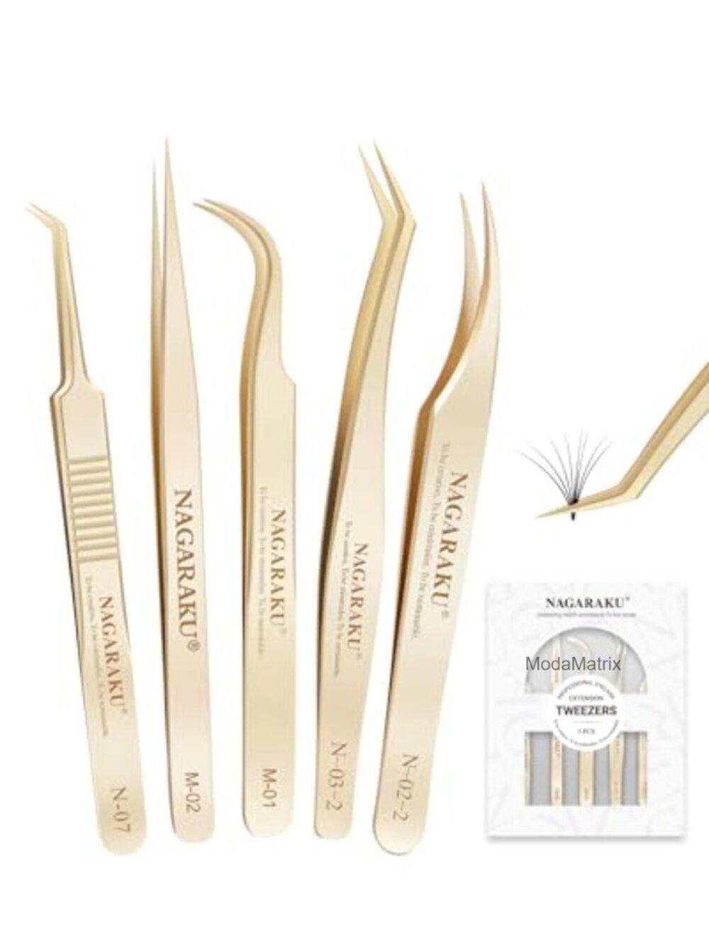 NAGARAKU Eyelash Extension Tweezers 5 Pcs Set Gold Plated Stainless Steel